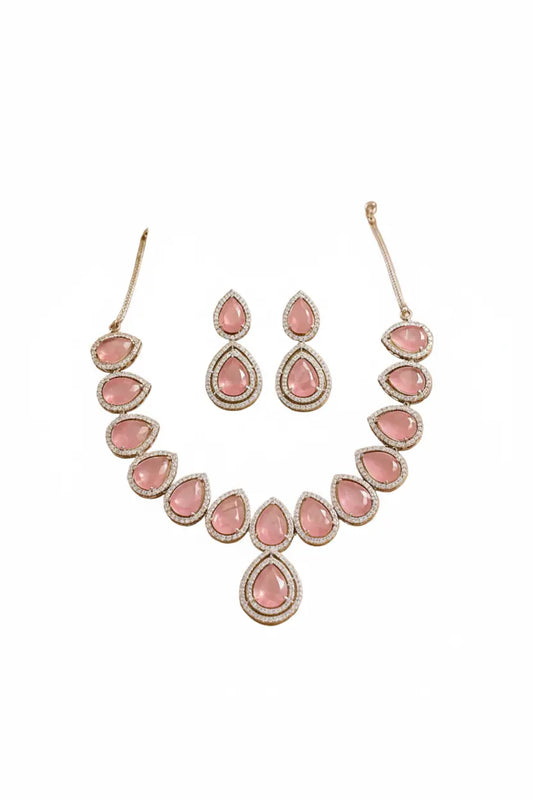 Pink Teardrop Stone Necklace Set with Earrings | Luxury CZ Diamond Jewellery Set for Women - Imistyle Jewellery