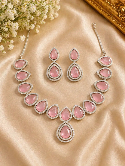 Pink Teardrop Stone Necklace Set with Earrings | Luxury CZ Diamond Jewellery Set for Women - Imistyle Jewellery