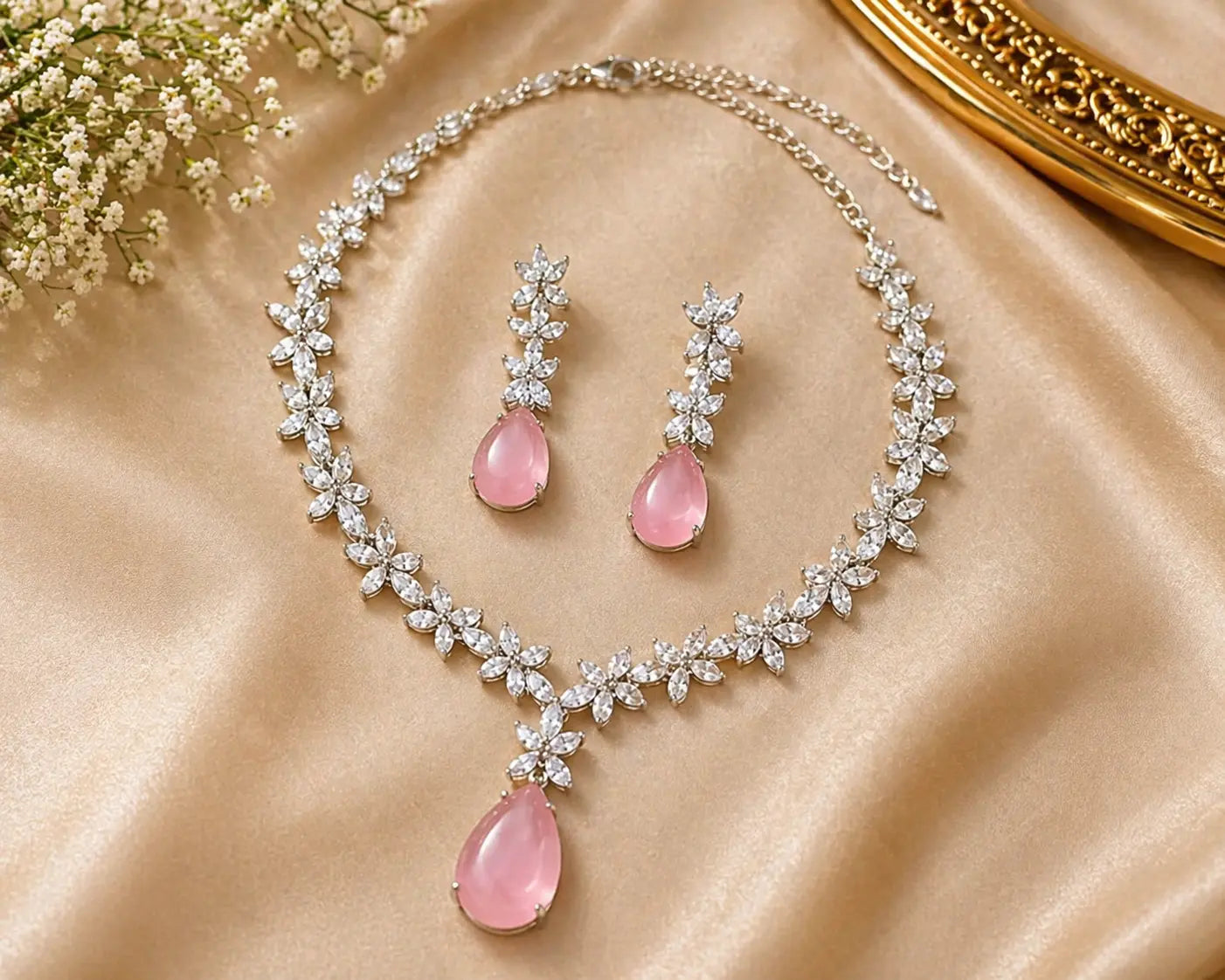 Blush Pink Teardrop Necklace Set with Floral Crystal Design | Elegant Imitation Jewellery for Women | ImiStyleJewellery - Imistyle Jewellery
