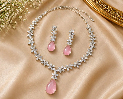 Blush Pink Teardrop Necklace Set with Floral Crystal Design | Elegant Imitation Jewellery for Women | ImiStyleJewellery - Imistyle Jewellery