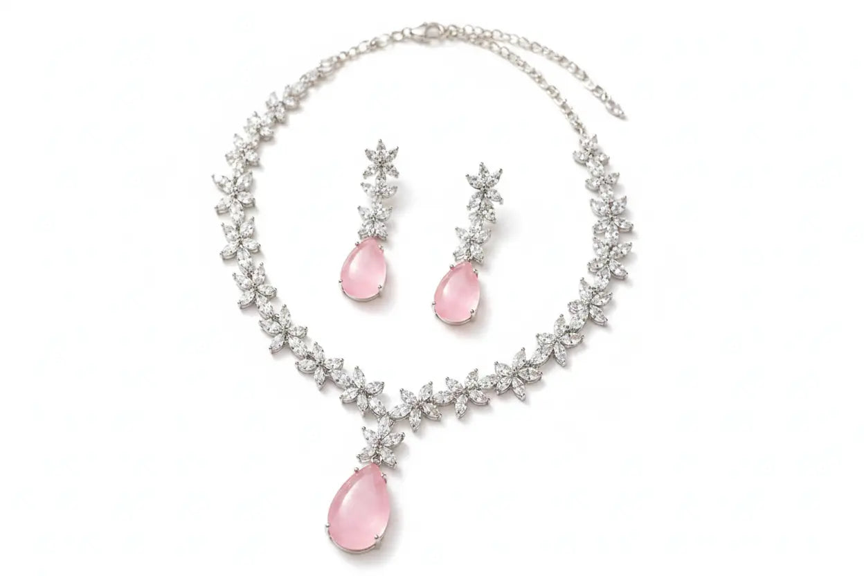Blush Pink Teardrop Necklace Set with Floral Crystal Design | Elegant Imitation Jewellery for Women | ImiStyleJewellery - Imistyle Jewellery