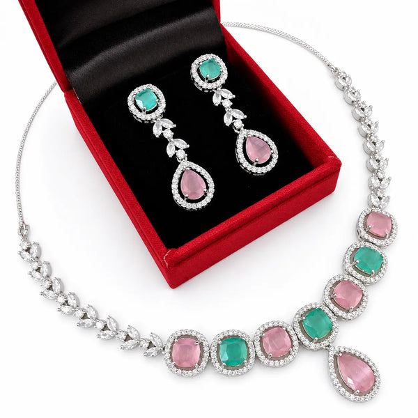 Dual Tone Pink & Mint Stone Necklace Set with Drop Earrings | Luxury Imitation Jewellery for Women | ImiStyleJewellery - Imistyle Jewellery