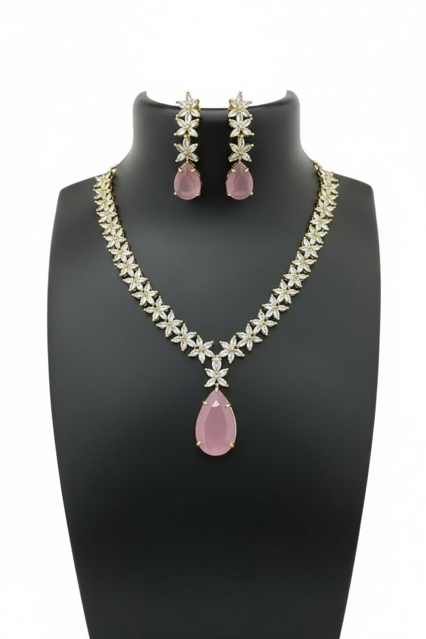 Crystal Floral Necklace Set for Women | Teardrop Pendant Party Wear Jewellery Set Imitation Jewellery | ImiStyleJewellery - Imistyle Jewellery