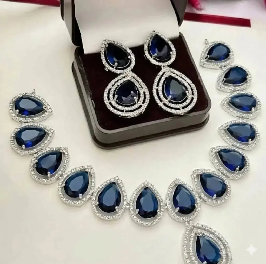 Aqua Green Teardrop Necklace Set with Earrings | Luxury Diamond Finish Imitation Jewellery for Women | ImiStyleJewellery - Imistyle Jewellery