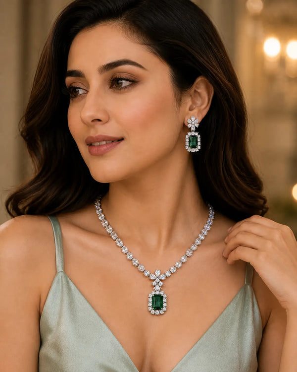Elegant Blue Stone Necklace Set for Women | Crystal Halo Pendant Earrings Set Imitation Jewellery | ImiStyleJewellery - Imistyle Jewellery