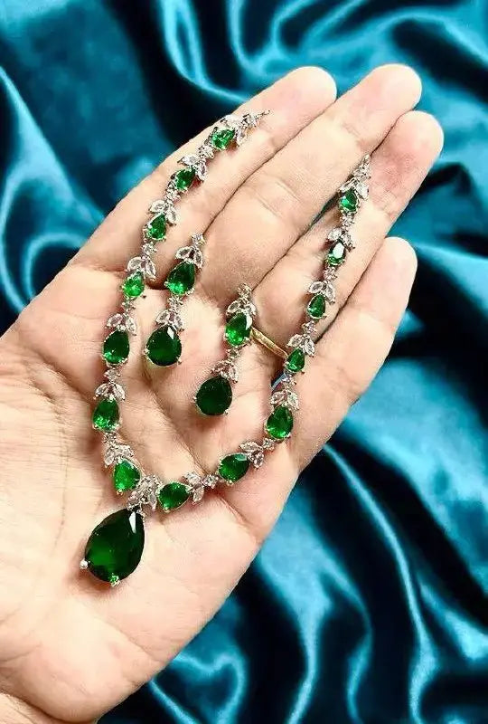 Emerald Green Drop Necklace Set with Earrings | Luxury Statement Imitation Jewellery for Women | ImiStyleJewellery - Imistyle Jewellery