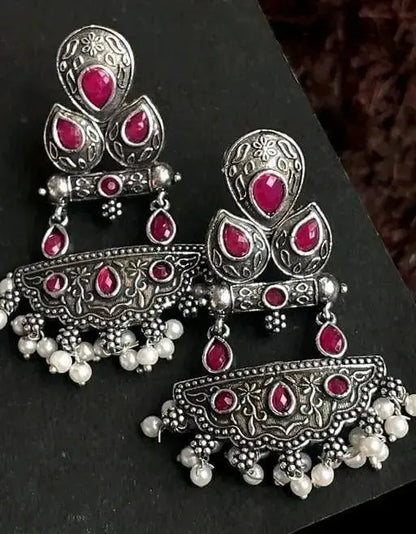Oxidised Green Stone Chandbali Earrings for Women | Traditional Pearl Drop Earrings | ImiStyleJewellery - Imistyle Jewellery