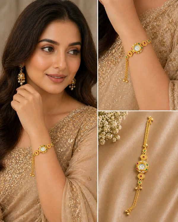 Luxury Traditional Gold Bracelet Watch for Women with Kundan Stones & Beads | Ethnic Designer Wrist Watch – IMISTYLE Jewellery - Imistyle Jewellery