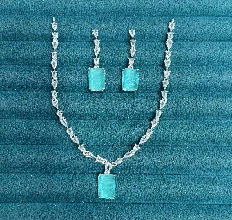 Aqua Blue Crystal Necklace Set with Earrings | Elegant Diamond Finish Imitation Jewellery for Women | ImiStyleJewellery - Imistyle Jewellery