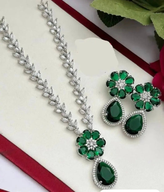 Elegant Green Floral Necklace Set for Women | Drop Pendant Earrings Set Crystal Imitation Jewellery | ImiStyleJewellery - Imistyle Jewellery