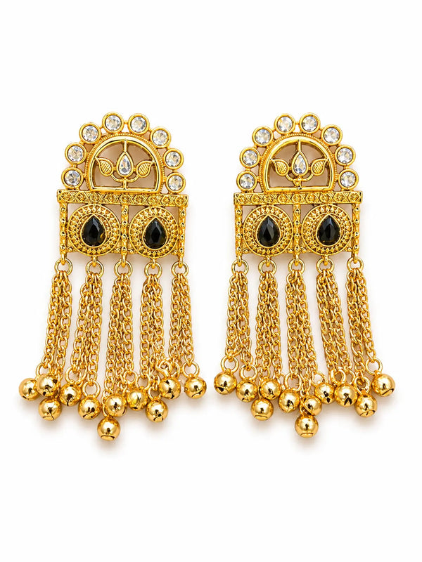 Traditional Gold Jhumka Earrings for Women with Kundan & Chain Tassels | Ethnic Designer Long Earrings – IMISTYLE Jewellery - Imistyle Jewellery
