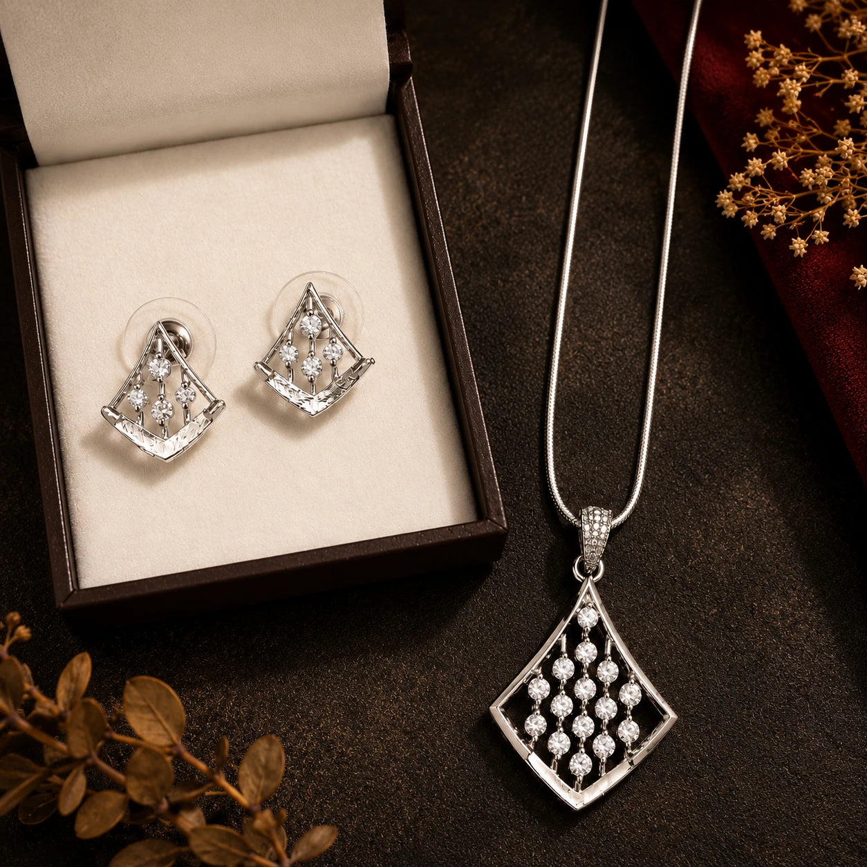 Pendant and earrings set displayed in box