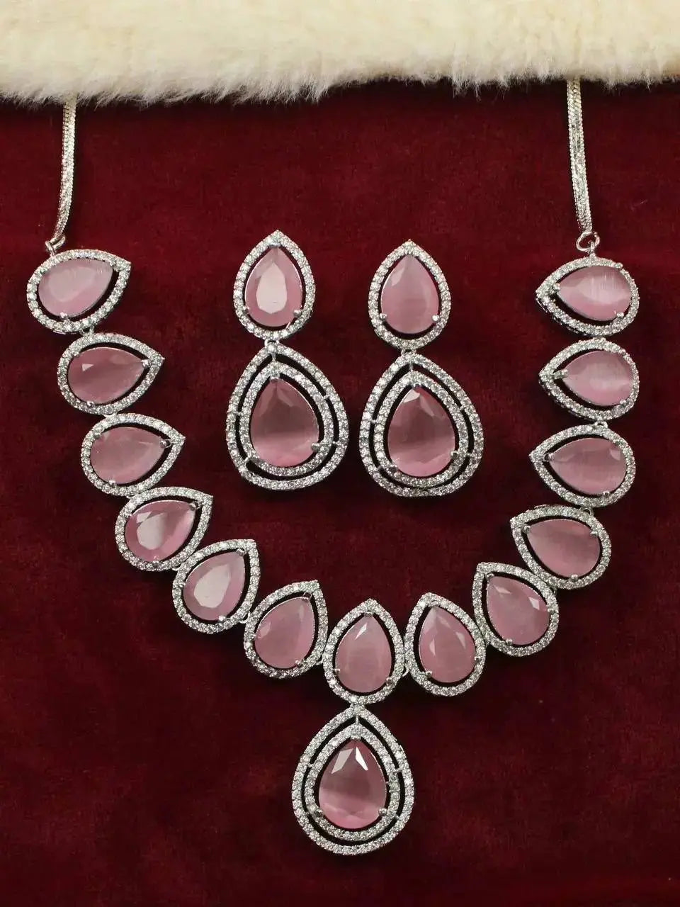 Pink Teardrop Stone Necklace Set with Earrings | Luxury CZ Diamond Jewellery Set for Women - Imistyle Jewellery