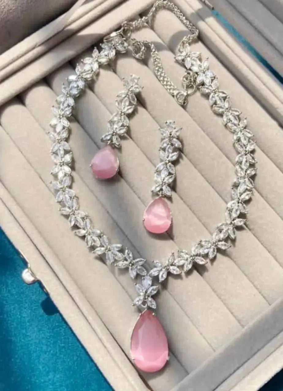 Blush Pink Teardrop Necklace Set with Floral Crystal Design | Elegant Imitation Jewellery for Women | ImiStyleJewellery - Imistyle Jewellery