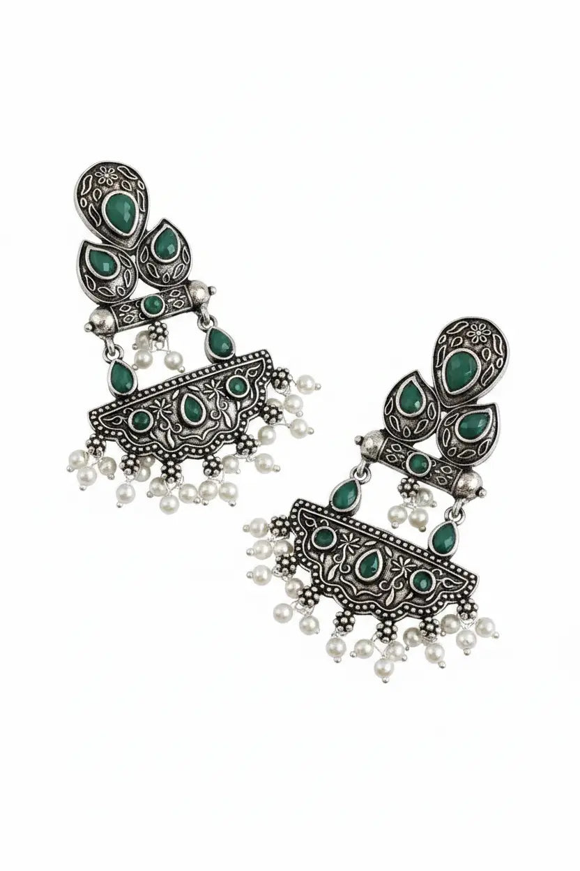 Oxidised Green Stone Chandbali Earrings for Women | Traditional Pearl Drop Earrings | ImiStyleJewellery - Imistyle Jewellery