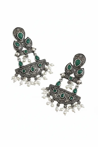 Oxidised Green Stone Chandbali Earrings for Women | Traditional Pearl Drop Earrings | ImiStyleJewellery - Imistyle Jewellery
