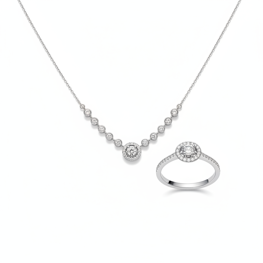 Minimal Crystal Pendant Necklace Set for Women | Round Diamond Style Chain with Ring Imitation Jewellery | ImiStyleJewellery