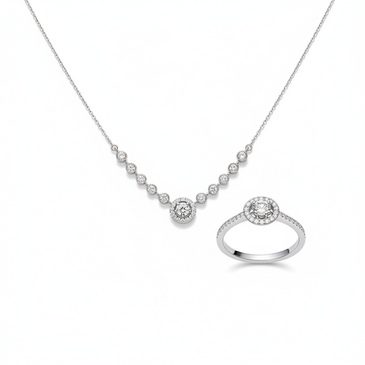 Minimal Crystal Pendant Necklace Set for Women | Round Diamond Style Chain with Ring Imitation Jewellery | ImiStyleJewellery