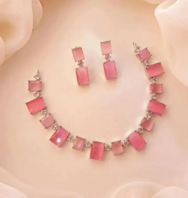Elegant Pink Rectangle Stone Necklace Set for Women | Crystal Linked Pendant Earrings Set Imitation Jewellery | ImiStyleJewellery - Imistyle Jewellery