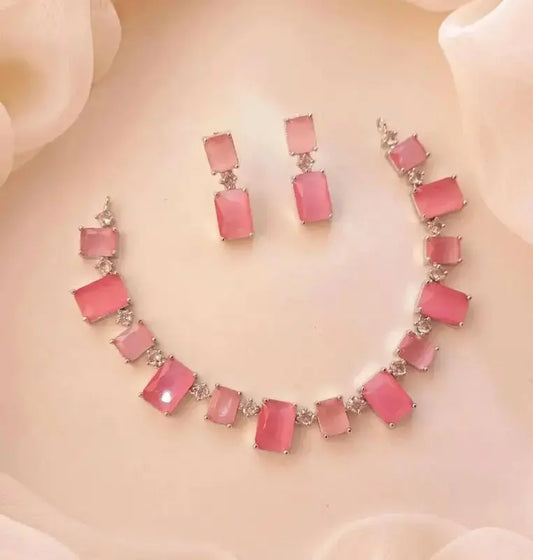 Elegant Pink Rectangle Stone Necklace Set for Women | Crystal Linked Pendant Earrings Set Imitation Jewellery | ImiStyleJewellery - Imistyle Jewellery