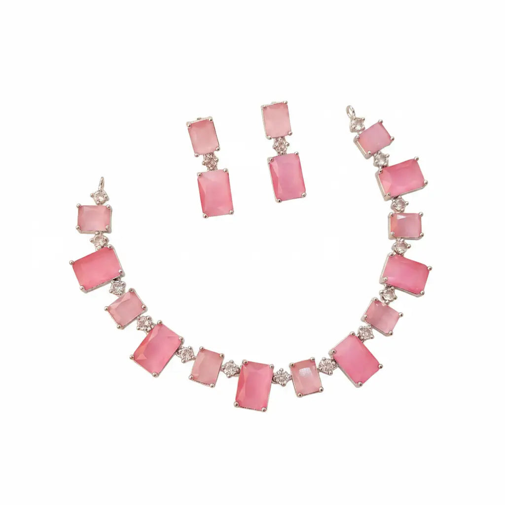 Elegant Pink Rectangle Stone Necklace Set for Women | Crystal Linked Pendant Earrings Set Imitation Jewellery | ImiStyleJewellery - Imistyle Jewellery