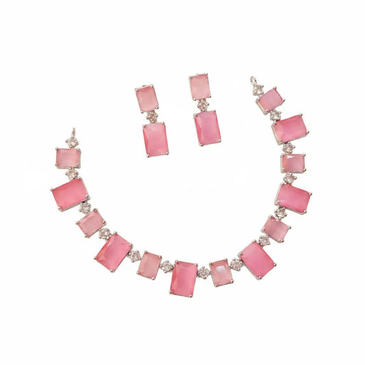 Elegant Pink Rectangle Stone Necklace Set for Women | Crystal Linked Pendant Earrings Set Imitation Jewellery | ImiStyleJewellery - Imistyle Jewellery