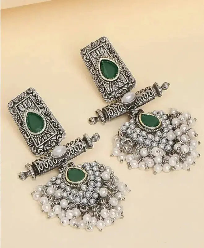 Traditional Green Stone Oxidised Jhumka Earrings for Women | Pearl Drop Ethnic Imitation Jewellery | ImiStyleJewellery - Imistyle Jewellery