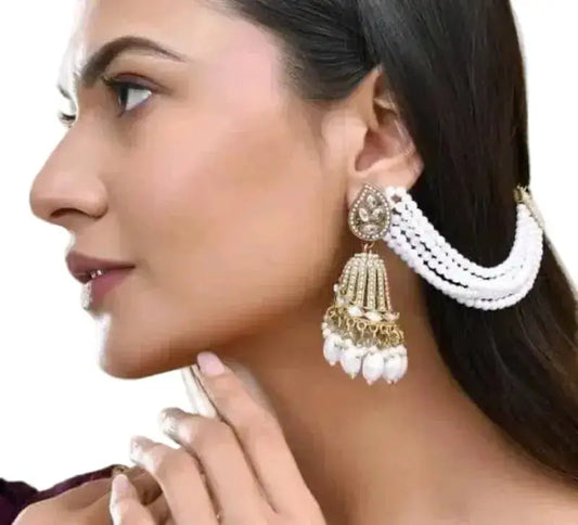 Pearl Jhumka Earrings with Hair Chain (Sahara) | Traditional Bridal Earrings for Women - Imistyle Jewellery