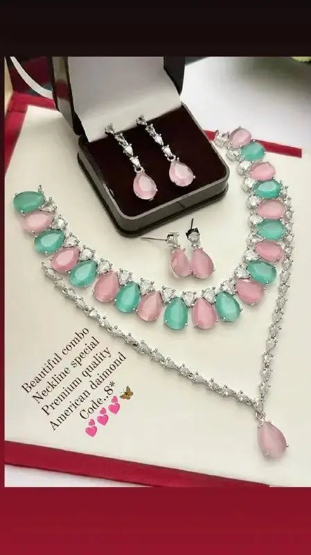 Premium Pink & Mint Green Necklace Combo Set with Earrings | American Diamond Jewellery Set for Women - Imistyle Jewellery