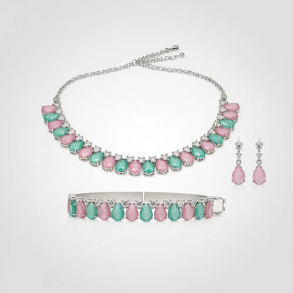 Premium Pink & Mint Green Necklace Combo Set with Earrings | American Diamond Jewellery Set for Women - Imistyle Jewellery