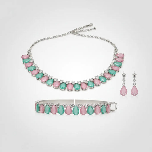 Premium Pink & Mint Green Necklace Combo Set with Earrings | American Diamond Jewellery Set for Women - Imistyle Jewellery