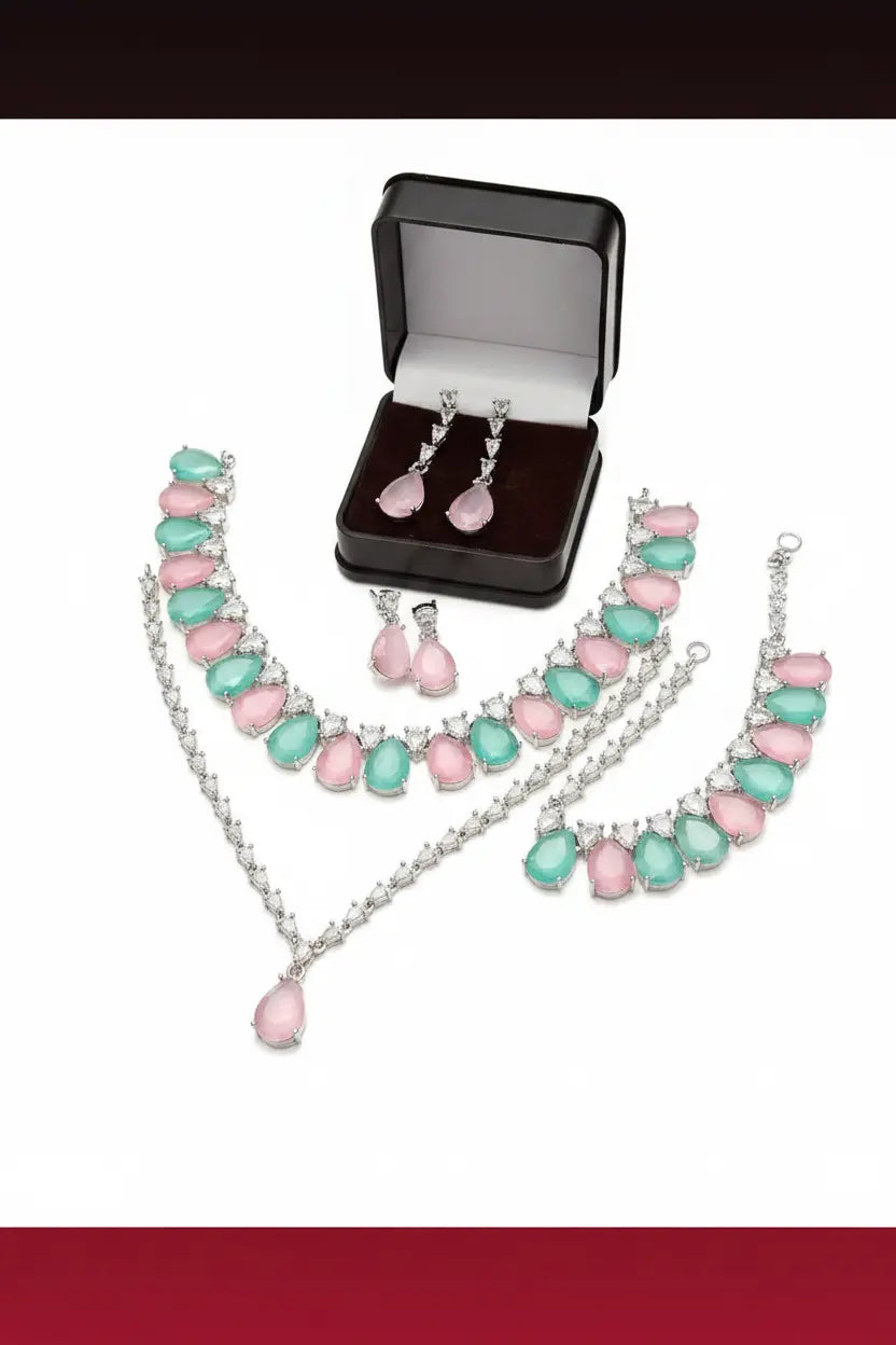 Premium Pink & Mint Green Necklace Combo Set with Earrings | American Diamond Jewellery Set for Women - Imistyle Jewellery