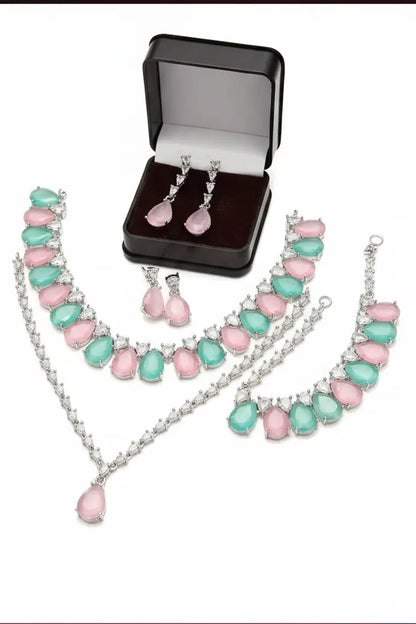 Premium Pink & Mint Green Necklace Combo Set with Earrings | American Diamond Jewellery Set for Women - Imistyle Jewellery