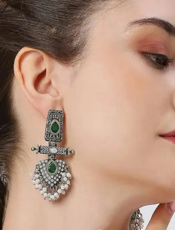 Traditional Green Stone Oxidised Jhumka Earrings for Women | Pearl Drop Ethnic Imitation Jewellery | ImiStyleJewellery - Imistyle Jewellery