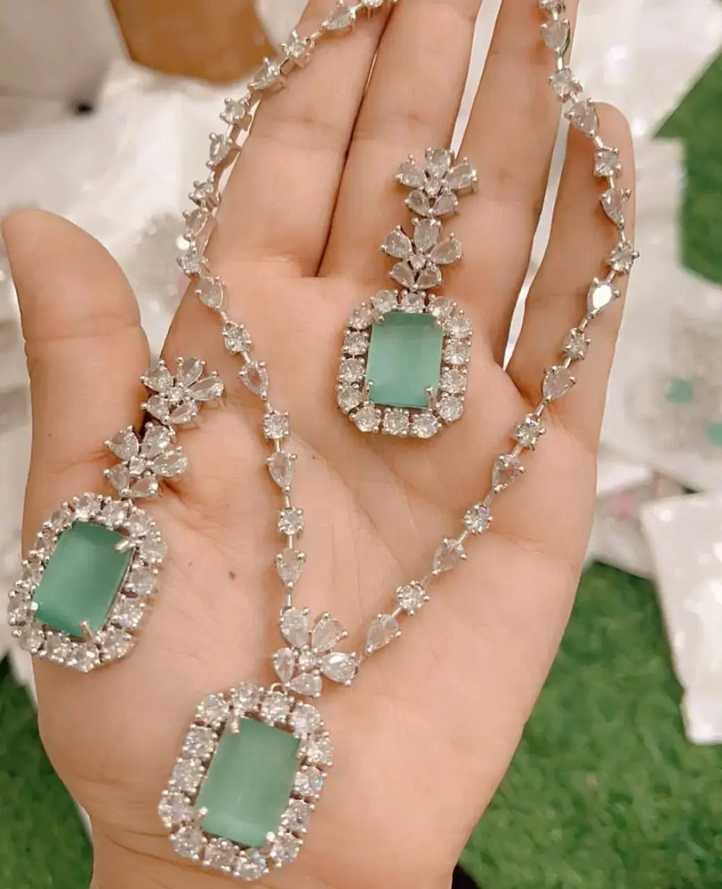Elegant Blue Stone Necklace Set for Women | Crystal Halo Pendant Earrings Set Imitation Jewellery | ImiStyleJewellery - Imistyle Jewellery