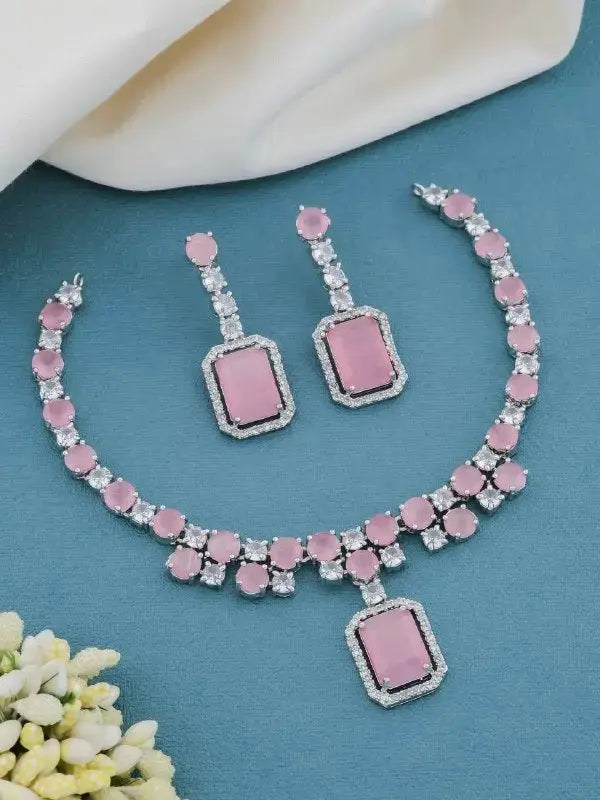 Luxury Rectangle Stone Necklace Set with Earrings | CZ Diamond Jewellery Set (Blue, Red, Pink, Green) - Imistyle Jewellery
