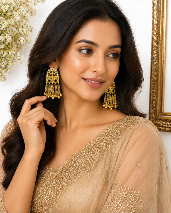 Traditional Gold Jhumka Earrings for Women with Kundan & Chain Tassels | Ethnic Designer Long Earrings – IMISTYLE Jewellery - Imistyle Jewellery