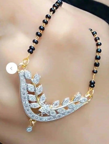 Luxury American Diamond Leaf Design Mangalsutra Set with Earrings | Elegant Black Beads Jewellery for Women | ImiStyleJewellery - Imistyle Jewellery