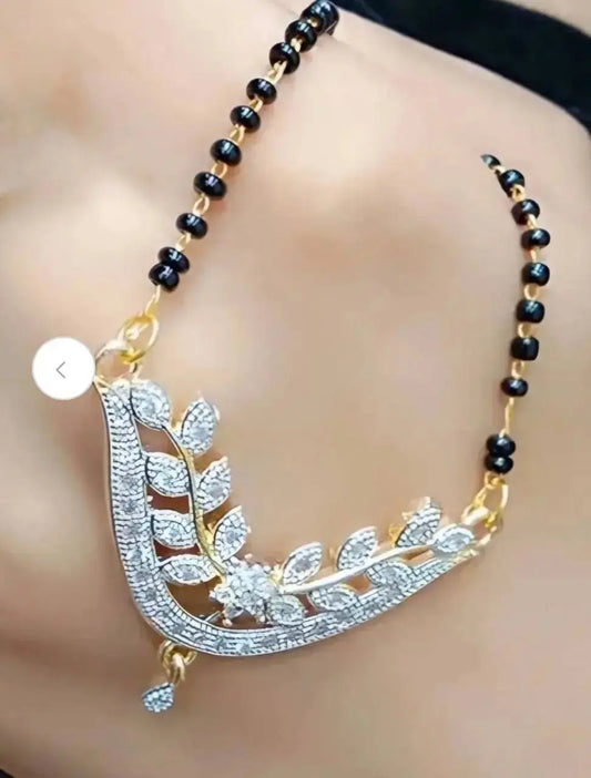 Luxury American Diamond Leaf Design Mangalsutra Set with Earrings | Elegant Black Beads Jewellery for Women | ImiStyleJewellery - Imistyle Jewellery