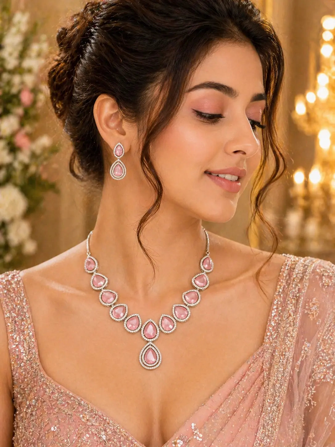 Pink Teardrop Stone Necklace Set with Earrings | Luxury CZ Diamond Jewellery Set for Women - Imistyle Jewellery