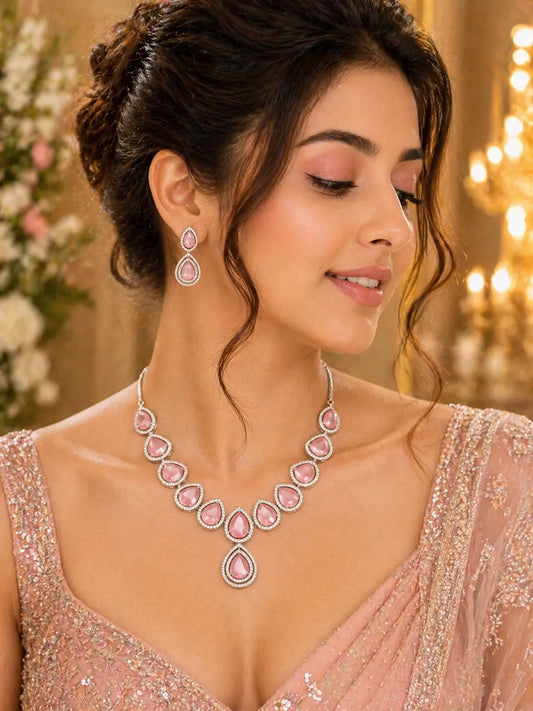 Pink Teardrop Stone Necklace Set with Earrings | Luxury CZ Diamond Jewellery Set for Women - Imistyle Jewellery