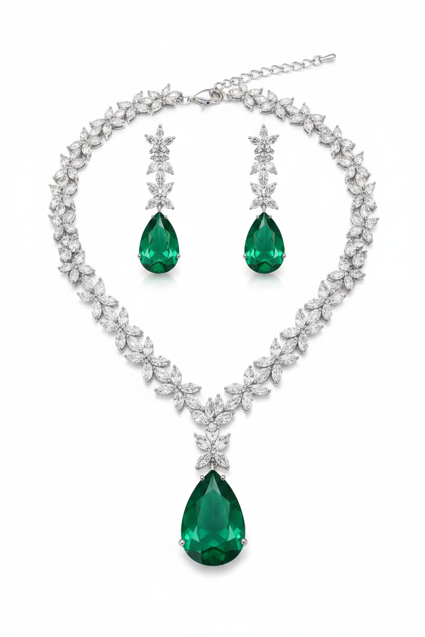 Luxury Green Drop Necklace Set for Women | Crystal Floral Design Earrings Necklace Set Imitation Jewellery | ImiStyleJewellery