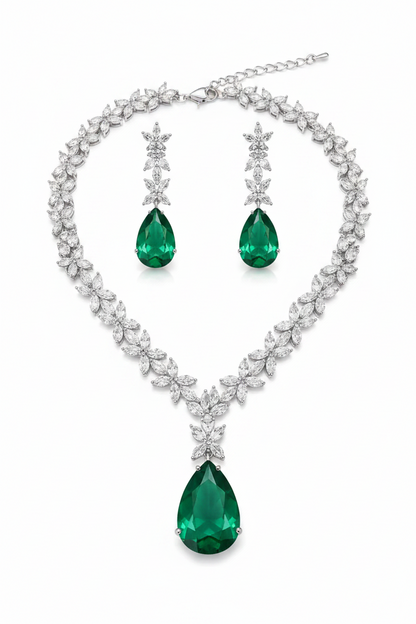 Luxury Green Drop Necklace Set for Women | Crystal Floral Design Earrings Necklace Set Imitation Jewellery | ImiStyleJewellery