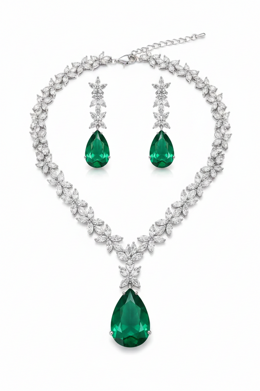Luxury Green Drop Necklace Set for Women | Crystal Floral Design Earrings Necklace Set Imitation Jewellery | ImiStyleJewellery