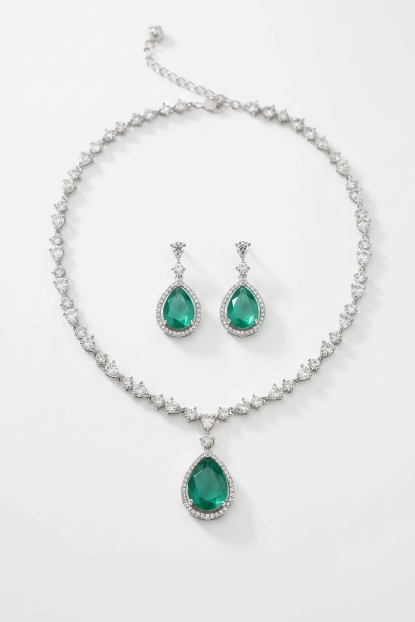 Elegant Green Stone Necklace Set for Women | Luxury Drop Pendant Earrings Set Imitation Jewellery | ImiStyleJewellery