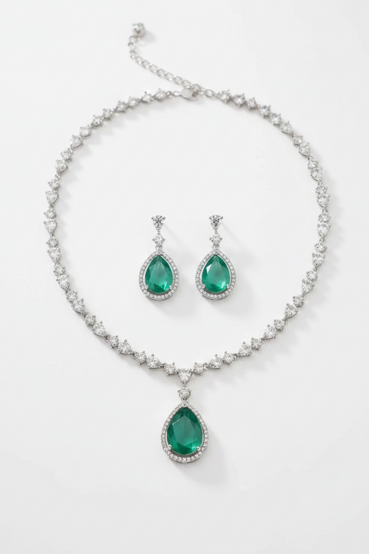 Elegant Green Stone Necklace Set for Women | Luxury Drop Pendant Earrings Set Imitation Jewellery | ImiStyleJewellery