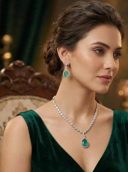 Elegant Green Stone Necklace Set for Women | Luxury Drop Pendant Earrings Set Imitation Jewellery | ImiStyleJewellery - Imistyle Jewellery