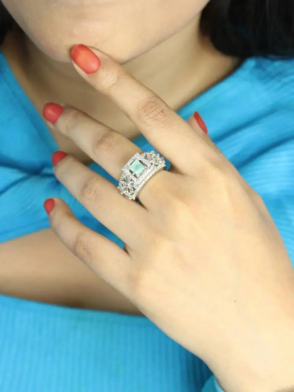 Mint Stone Floral Ring for Women | Adjustable Party Wear Imitation Jewellery - Imistyle Jewellery