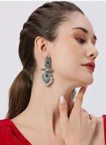 Traditional Green Stone Oxidised Jhumka Earrings for Women | Pearl Drop Ethnic Imitation Jewellery | ImiStyleJewellery - Imistyle Jewellery