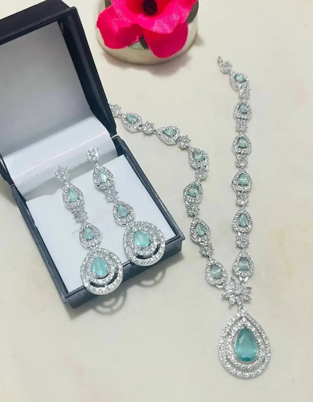 Teardrop Crystal Necklace Set for Women | Luxury Stone Imitation Jewellery Necklace Set with Earrings (Blue, Green, Red, Pink, White) – ImistyleJewellery - Imistyle Jewellery